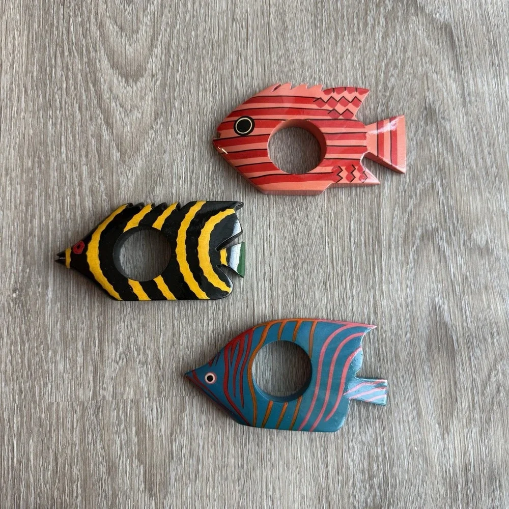 Set of 3 VTG Hand Carved Wooden Tropical Fish Napkin Rings Beach Coastal Decor